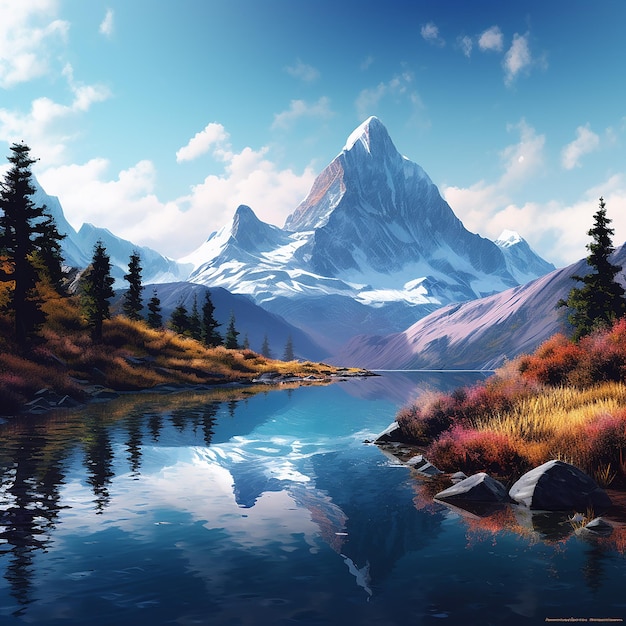 Foto renderizada en 3D de una pintura de un lago de montaña con una montaña