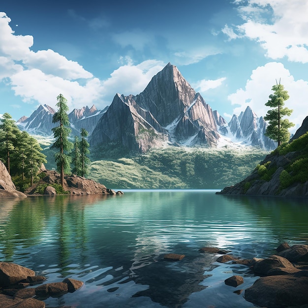 Foto renderizada en 3D de una pintura de un lago de montaña con una montaña