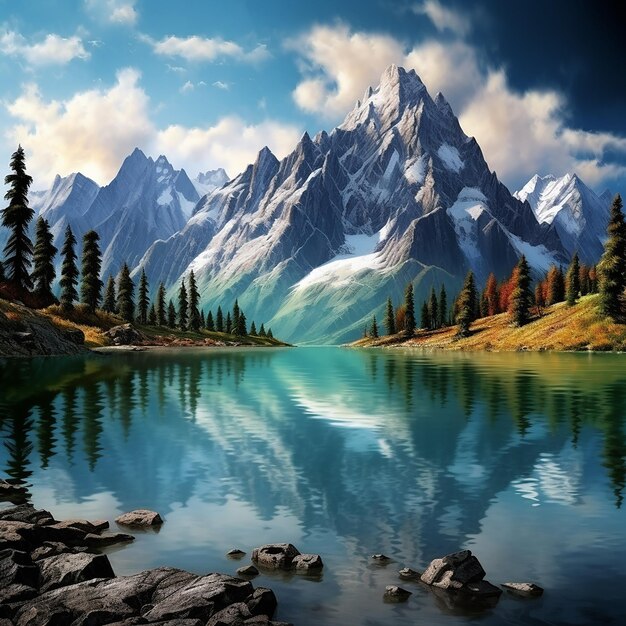 Foto renderizada en 3D de una pintura de un lago de montaña con una montaña