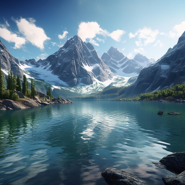 Foto renderizada en 3D de una pintura de un lago de montaña con una montaña