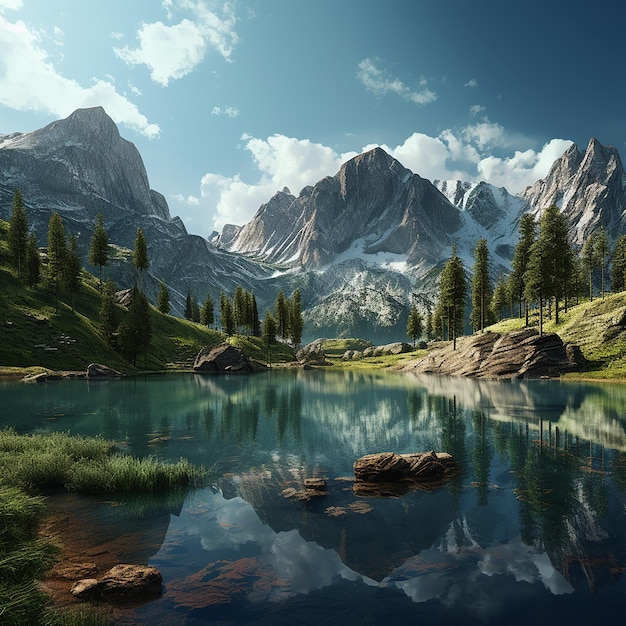 Foto renderizada en 3D de una pintura de un lago de montaña con una montaña