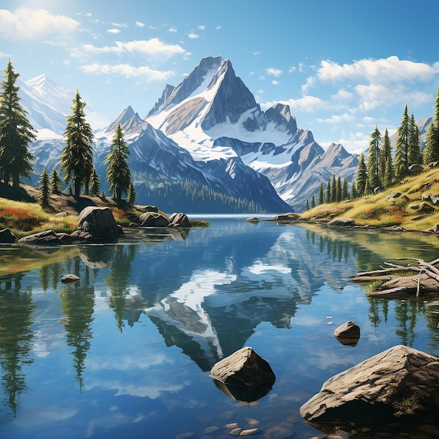 Foto renderizada en 3D de una pintura de un lago de montaña con una montaña