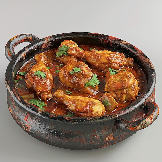 Foto renderizada en 3D de un pollo qorma con un fondo sencillo