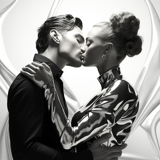Foto renderizada en 3D de un retrato en blanco y negro de una pareja besándose