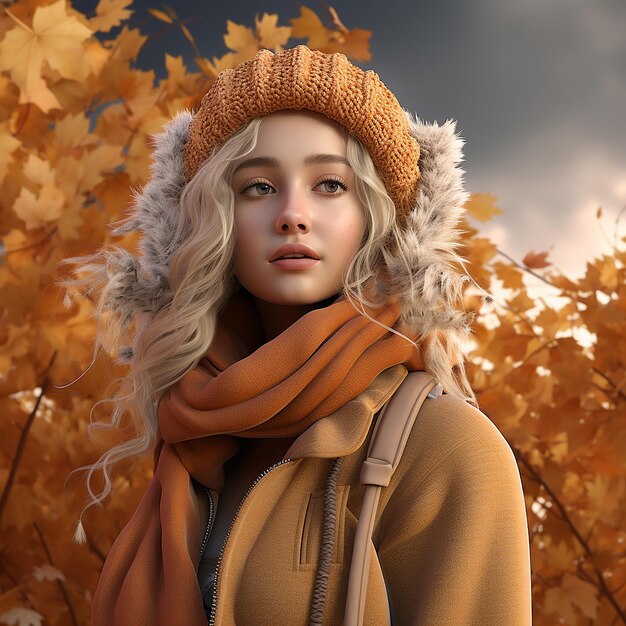 Foto foto renderizada en 3d de un retrato de una mujer con traje de otoño