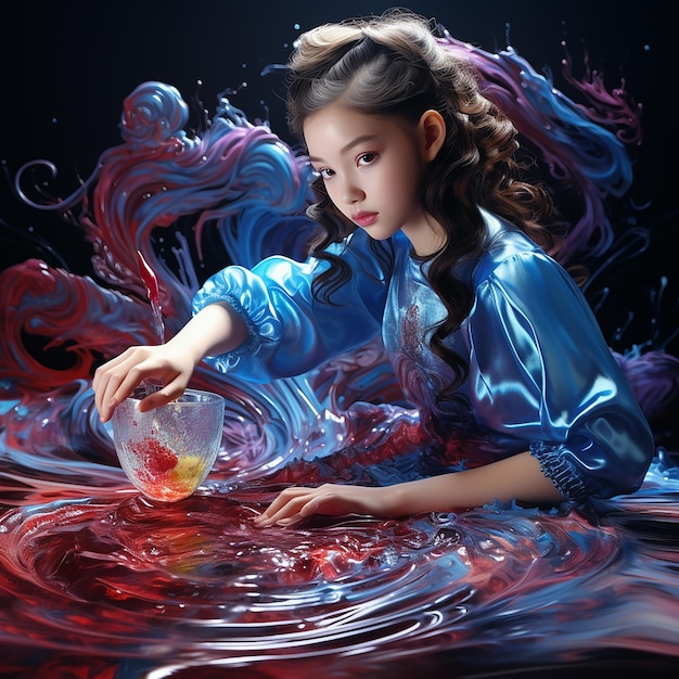 Foto foto renderizada em 3d da beleza de uma menina revelando o fascínio misterioso da arte líquida em óleo