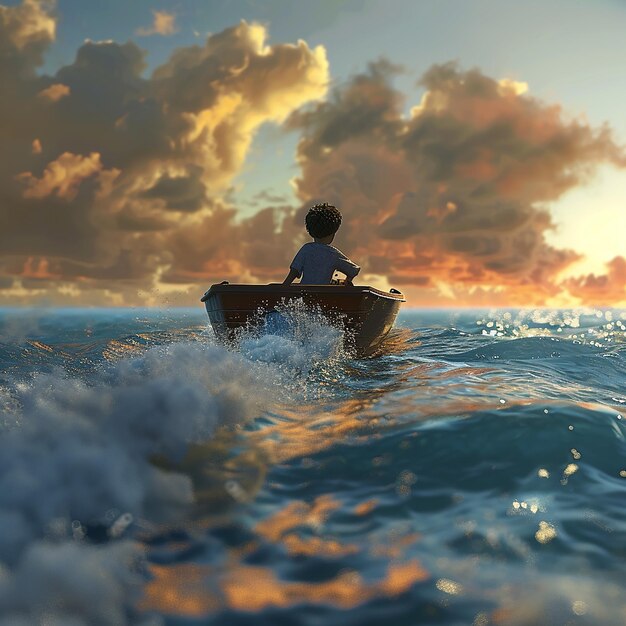 Foto renderizada em 3D de Boy Enjoy Driving A Boat In The Middle of the Sea