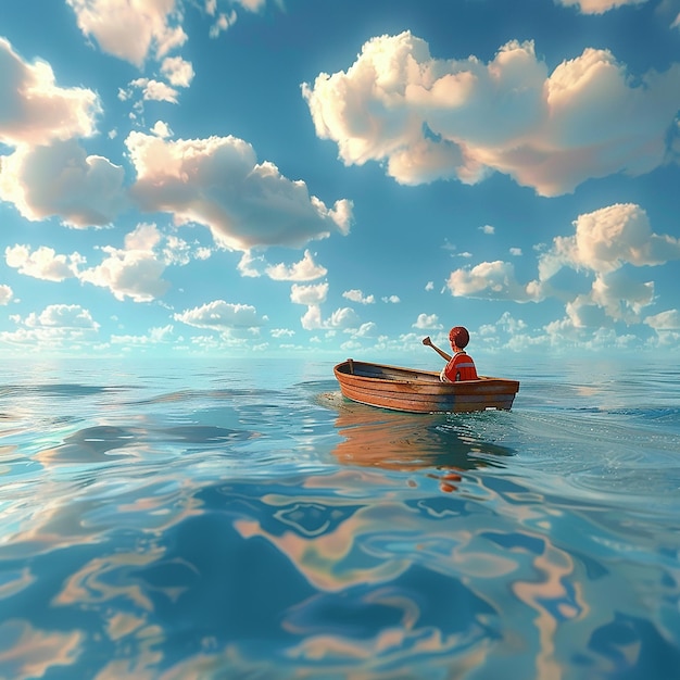 Foto renderizada em 3D de Boy Enjoy Driving A Boat In The Middle of the Sea