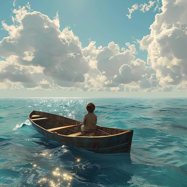 Foto renderizada em 3D de Boy Enjoy Driving A Boat In The Middle of the Sea