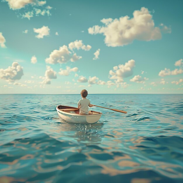 Foto renderizada em 3D de Boy Enjoy Driving A Boat In The Middle of the Sea