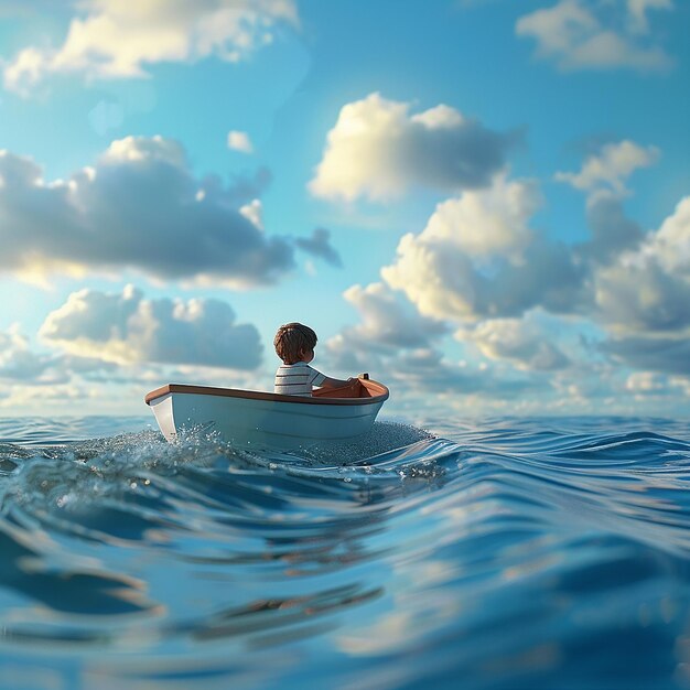 Foto renderizada em 3D de Boy Enjoy Driving A Boat In The Middle of the Sea