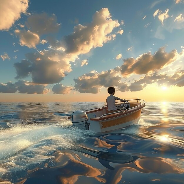 Foto renderizada em 3D de Boy Enjoy Driving A Boat In The Middle of the Sea