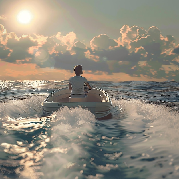 Foto renderizada em 3D de Boy Enjoy Driving A Boat In The Middle of the Sea