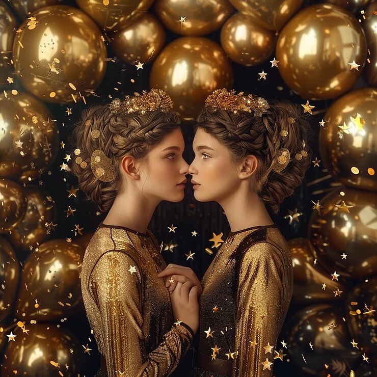 Foto foto renderizada em 3d de duas meninas em vestidos com brilho dourado e balões dourados