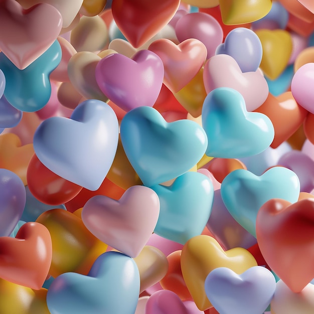 Foto renderizada em 3D de formas de coração coloridas em 3D com composição vertical de fundo criativo