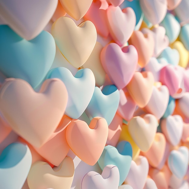 Foto renderizada em 3D de formas de coração coloridas em 3D com composição vertical de fundo criativo