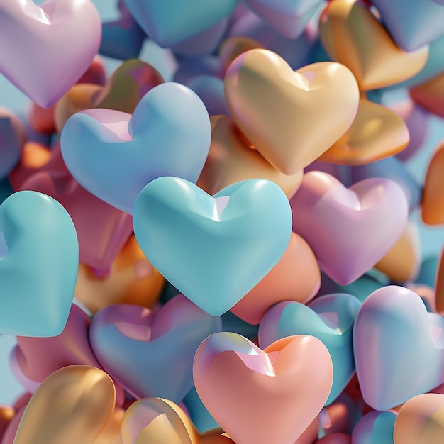 Foto renderizada em 3D de formas de coração coloridas em 3D com composição vertical de fundo criativo