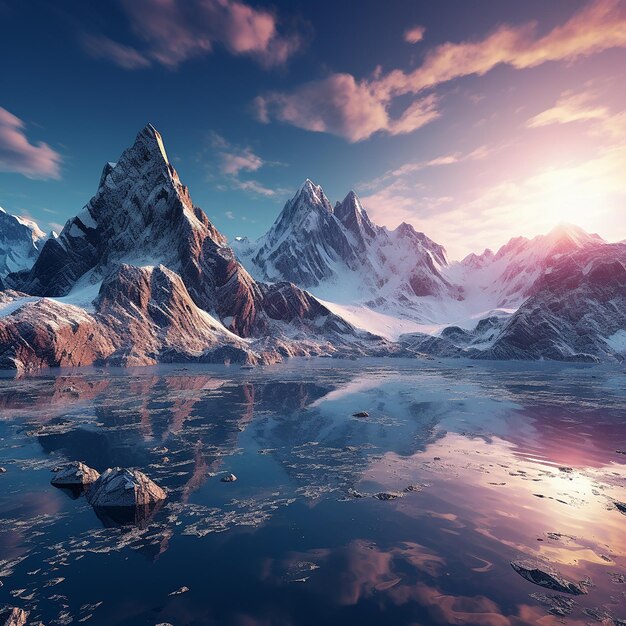 Foto renderizada em 3D de ilustração de montanhas de fantasia com muita neve e um lago