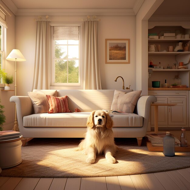 Foto renderizada em 3D de um cão Design de interiores aconchegantes e animados