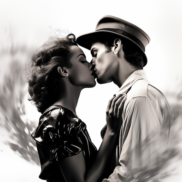 Foto renderizada em 3D de um retrato em preto e branco de um casal a beijar-se