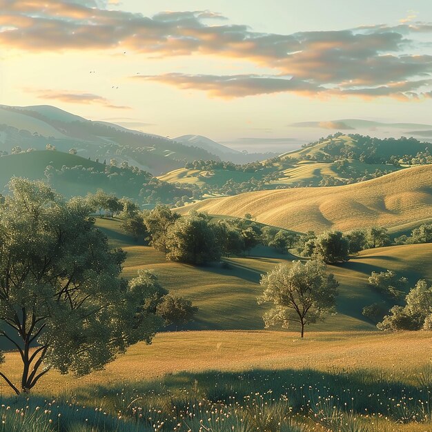 Foto foto renderizada em 3d de uma paisagem pacífica com colinas ondulantes luz da hora dourada