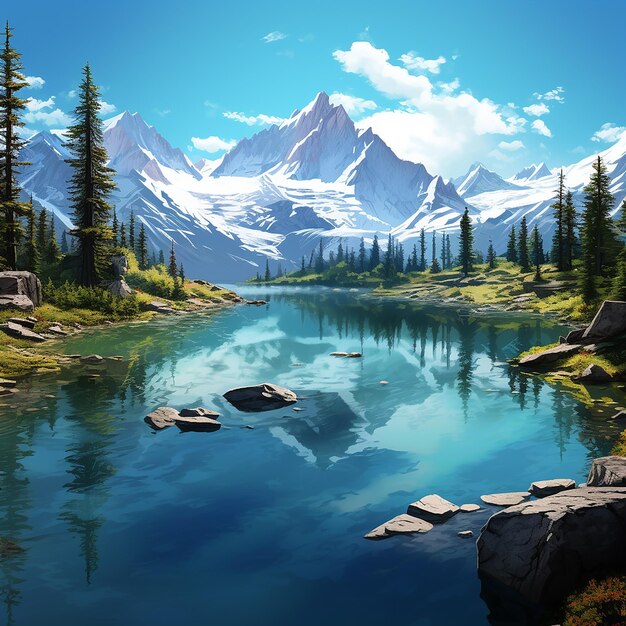 Foto renderizada em 3D de uma pintura de um lago de montanha com uma montanha