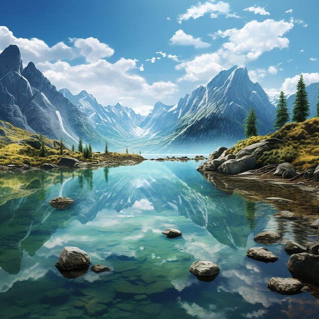 Foto renderizada em 3D de uma pintura de um lago de montanha com uma montanha