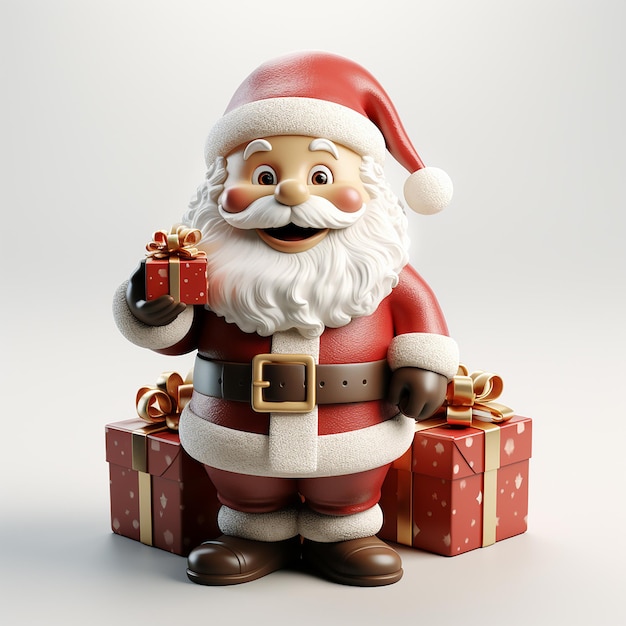 Foto renderizado en 3D del personaje de dibujos animados Santa Claus con caja de regalos Feliz Navidad y Año Nuevo con whi