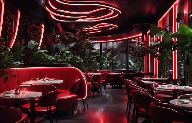 Foto de un restaurante íntimo y acogedor iluminado por una suave iluminación roja generada por Ai