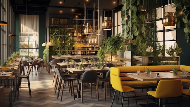 Una foto de un restaurante vegetariano moderno con plantas