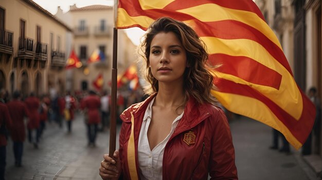 Foto foto retratada de uma mulher espanhola carregando a bandeira espanhola em estilo cinematográfico