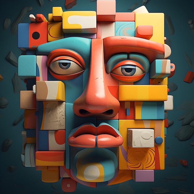 Foto retrato abstracto de rostro humano en estilo cubismo sobre fondo colorido ai generativo