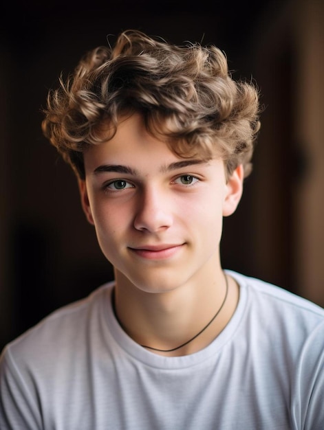 Foto de retrato de un adolescente colombiano con cabello ondulado sonriendo