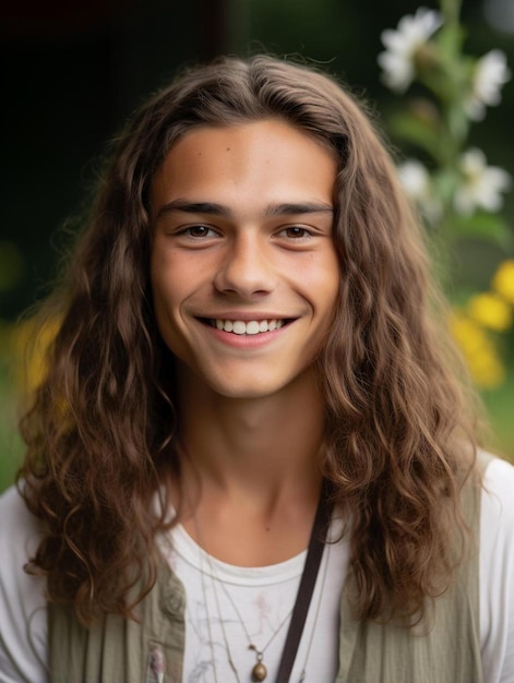 Foto de retrato de un adolescente colombiano de pelo liso sonriendo