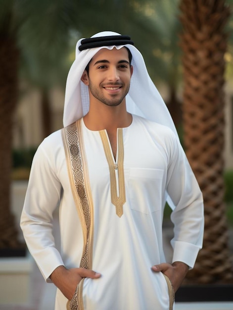 Foto de retrato de un adolescente emiratí de pelo liso sonriendo