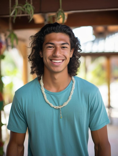 Foto de retrato de un adolescente español de pelo liso sonriendo