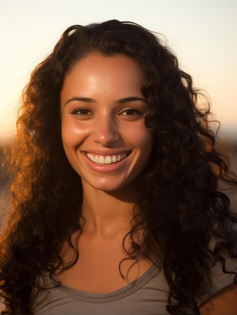 Foto de retrato de una adolescente libanesa de pelo rizado sonriendo