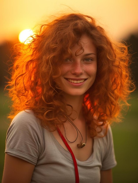 Foto de retrato de una adolescente suiza de pelo rizado sonriendo