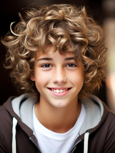 Foto de retrato de un adolescente suizo con cabello ondulado sonriendo