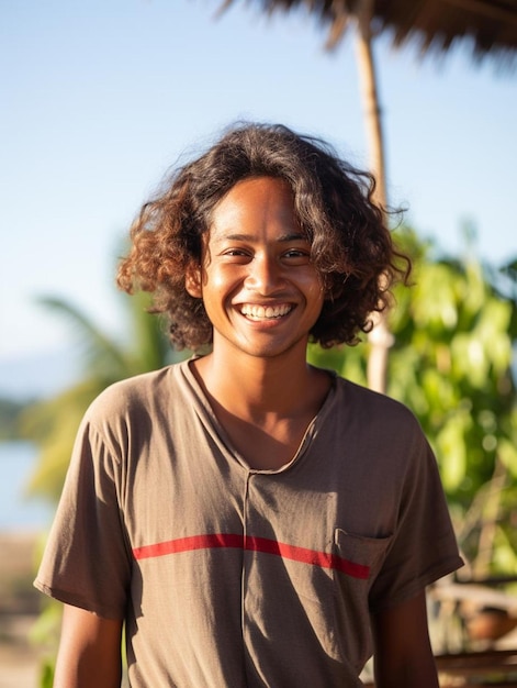 Foto de retrato de un adolescente tailandés de pelo rizado sonriendo