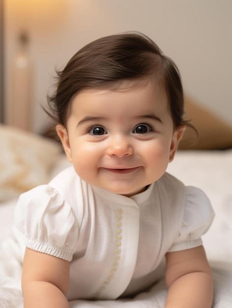 Foto de retrato de una bebé británica de cabello liso sonriendo