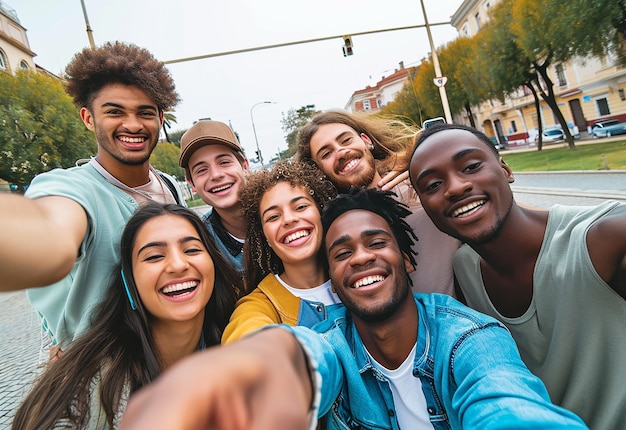 Foto foto retrato de diversión alegre y amorosa reuniendo a amigos felices internacionales