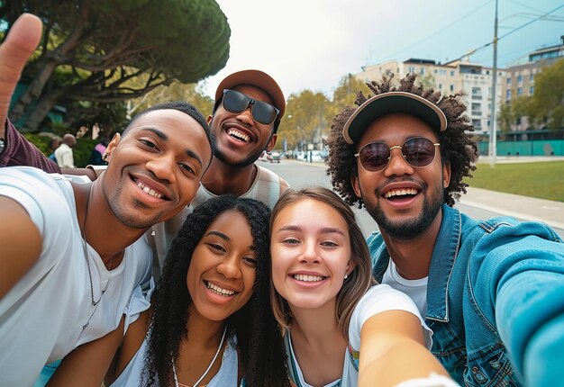 Foto retrato de diversión alegre y amorosa reuniendo a amigos felices internacionales