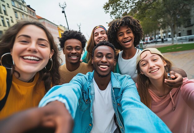 Foto retrato de diversión alegre y amorosa reuniendo a amigos felices internacionales