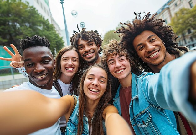 Foto retrato de diversión alegre y amorosa reuniendo a amigos felices internacionales