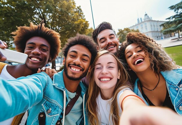 Foto retrato de diversión alegre y amorosa reuniendo a amigos felices internacionales