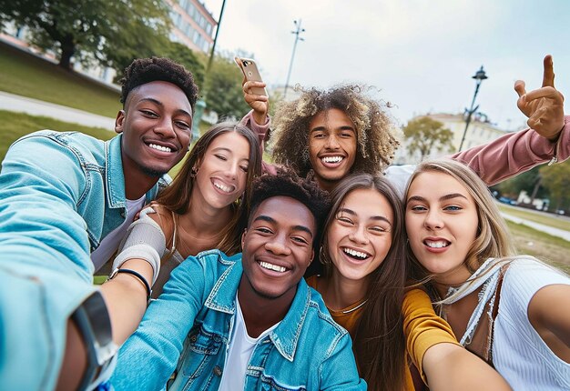 Foto retrato de diversión alegre y amorosa reuniendo a amigos felices internacionales