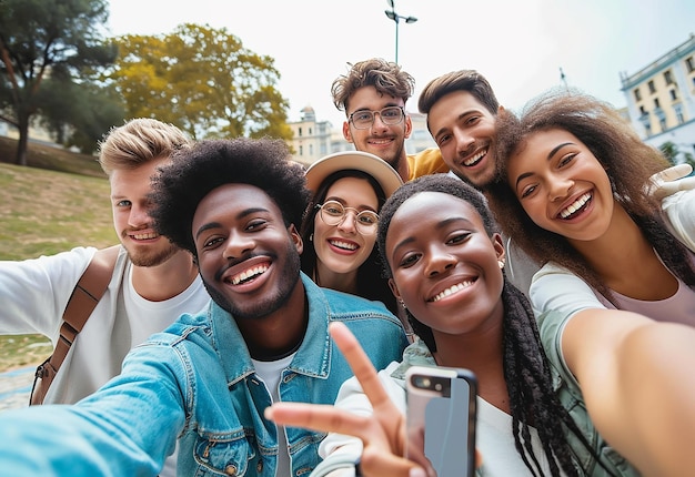 Foto retrato de diversión alegre y amorosa reuniendo a amigos felices internacionales