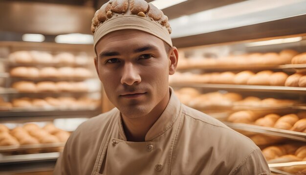 Foto una foto de retrato futurista del hombre de la panadería con fondo de panadería