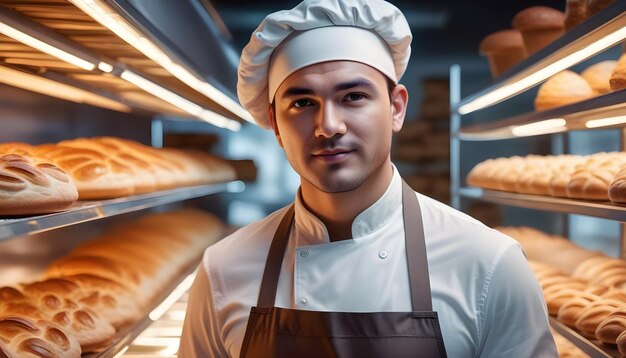 Foto una foto de retrato futurista del hombre de la panadería con fondo de panadería